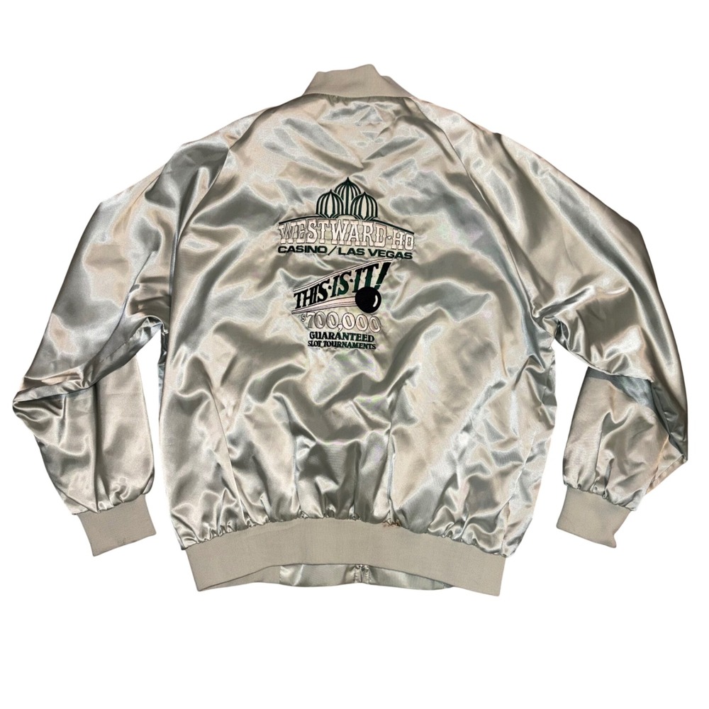Vintage Westward-Ho Casino Las Vegas Satin Bomber Jacket Silver Mens XL